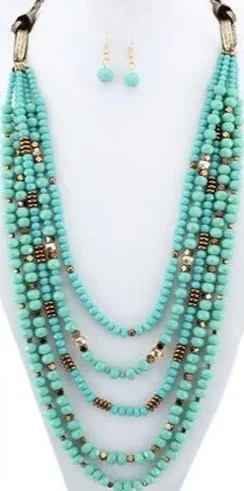 Turquoise Crystal and Copper Beaded 5 Layer Necklace