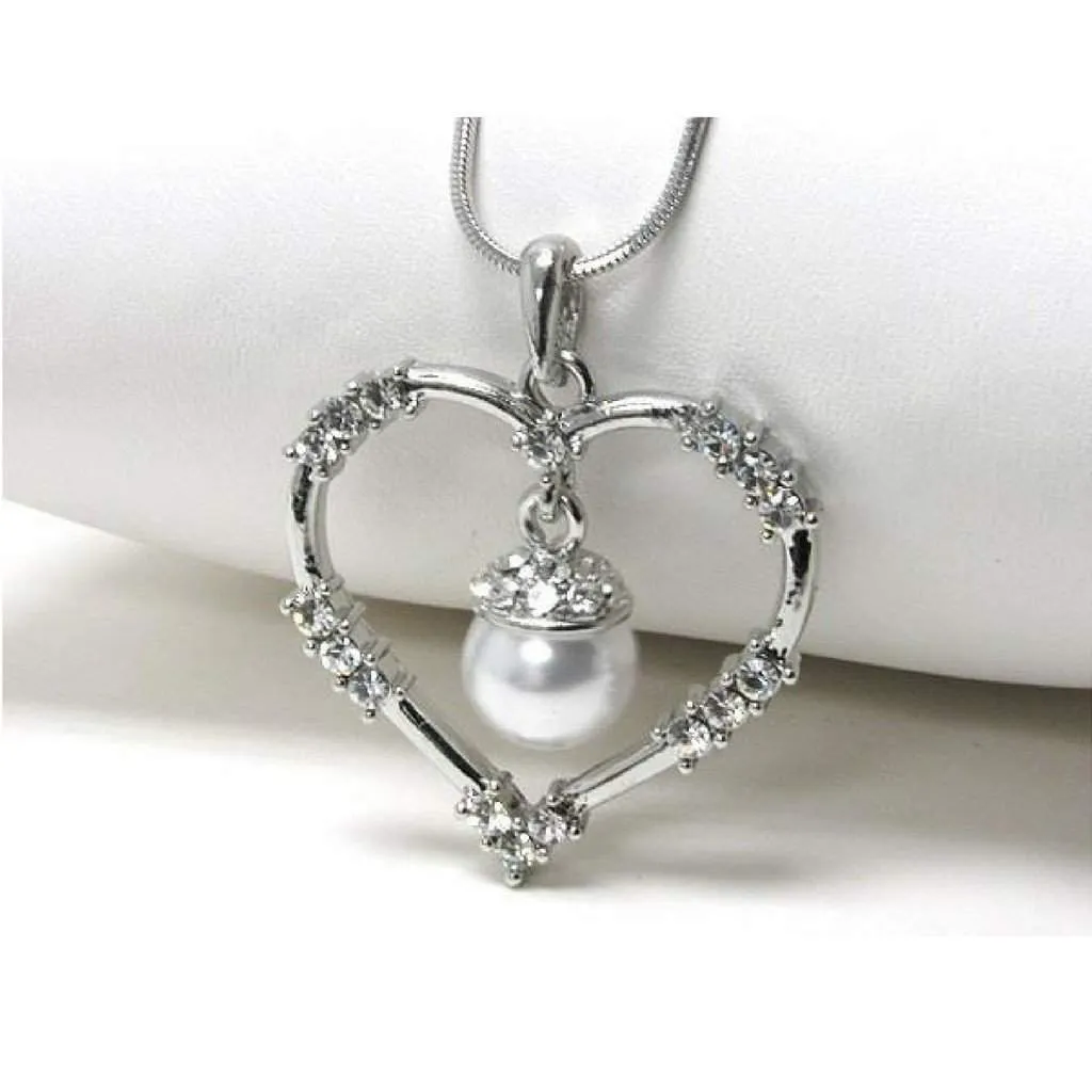 White Gold Plated Heart with Crystals and Pearl Pendant